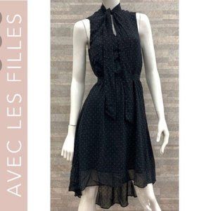 Avec Les Filles Black Blue Polka Dot High low Sleeveless Dress Large